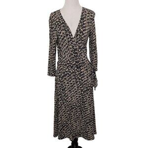 Talbots Patterned Wrap Dress Womens Petite Size 6 Black Beige Rayon Stretch
